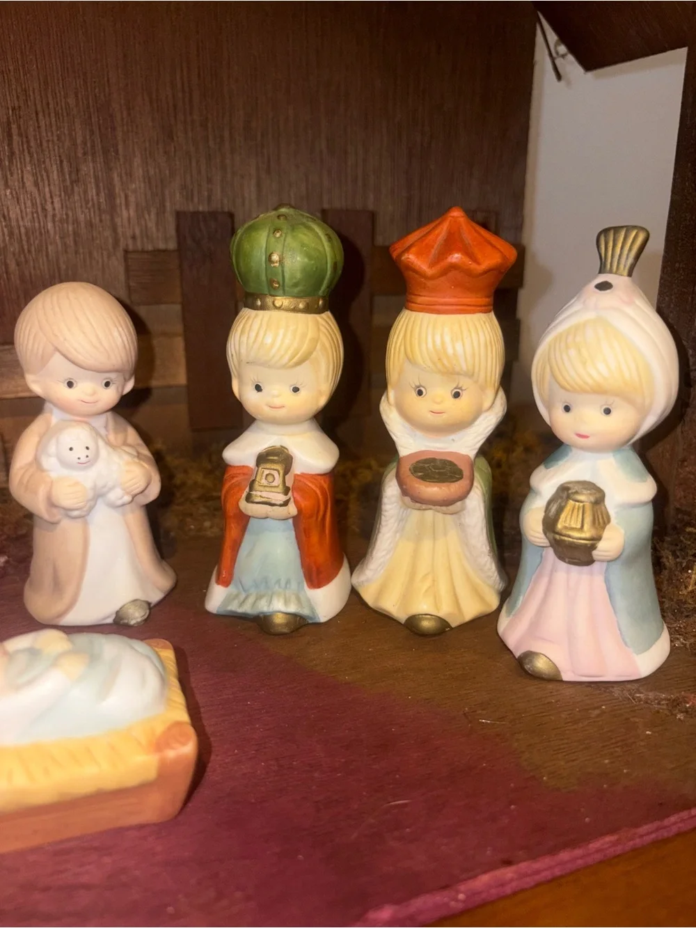 Vintage Christmas Wooden Nativity Set with Pastel Porcelain Figurines